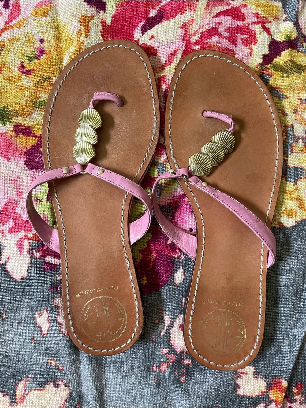 Lilly Pulitzer Via Palm Beach Pink Leather Sandal with Gold Shell Embellishment